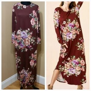 Oddy Burgundy Floral Long Sleeve Maxi Dress w Pockets